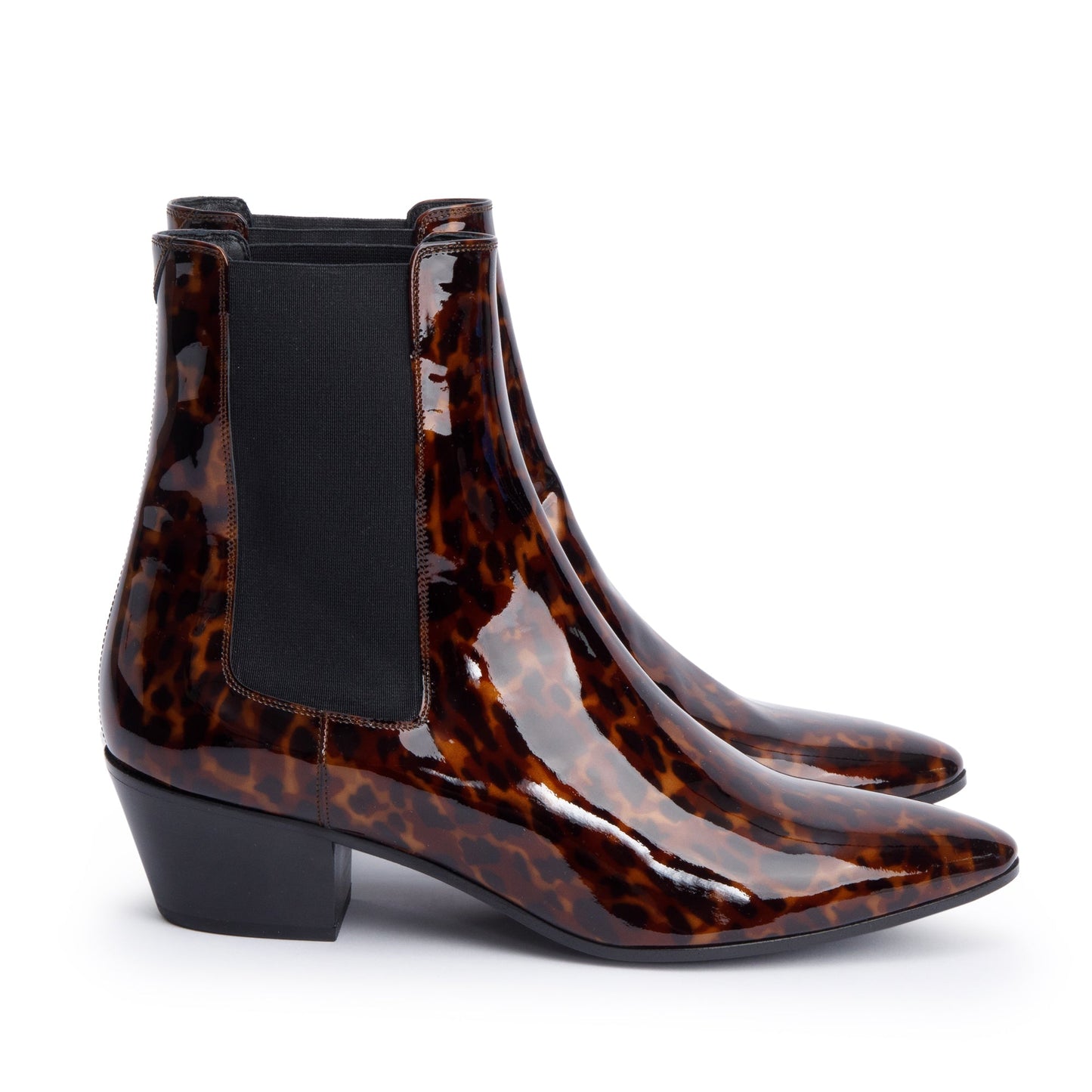Saint Laurent Manto Naturale Patent Tartaruga Leather West 45 Chelsea Boots, Size 40.5
