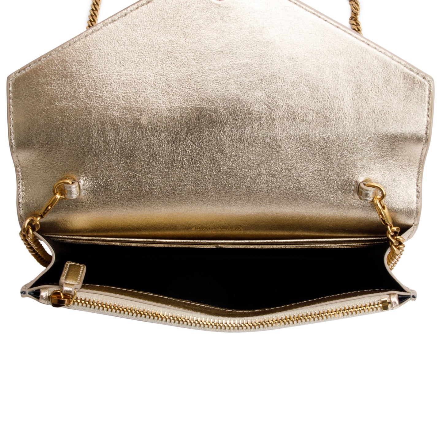 Saint Laurent Metallic Gold Leather Cassandre Envelope Chain Wallet
