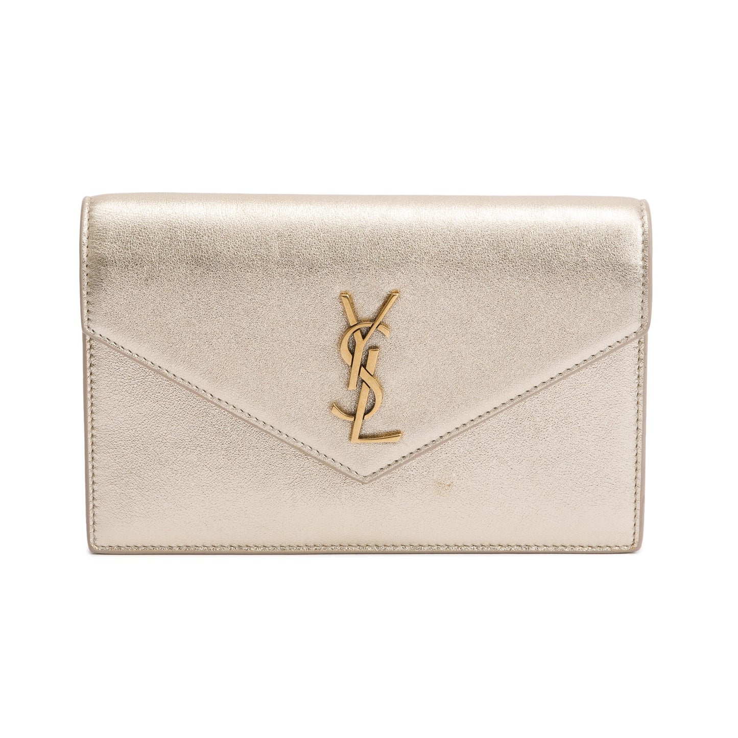 Saint Laurent Metallic Gold Leather Cassandre Envelope Chain Wallet