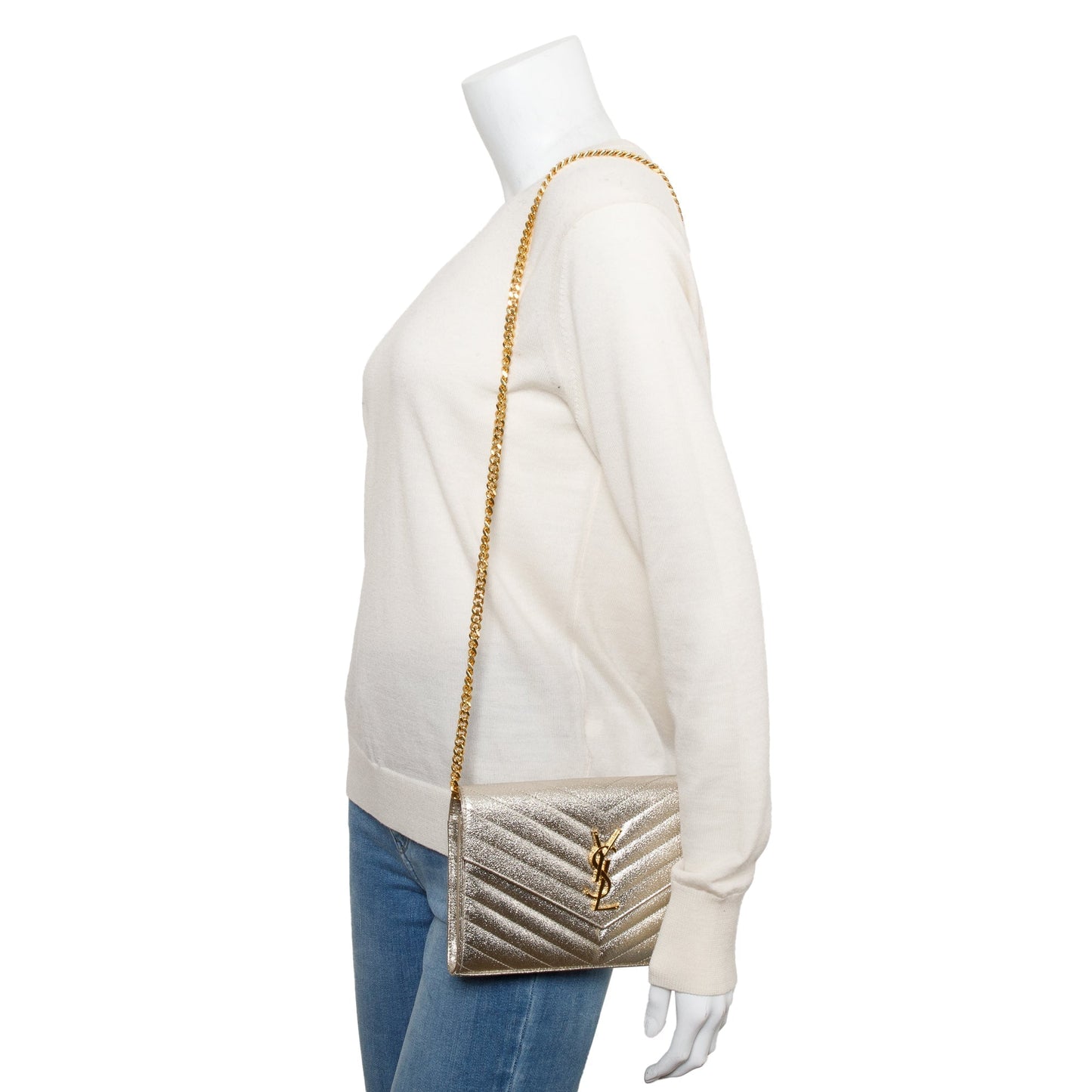 Saint Laurent Metallic Grain De Poudre Leather Cassandre Matelasse Chain Wallet