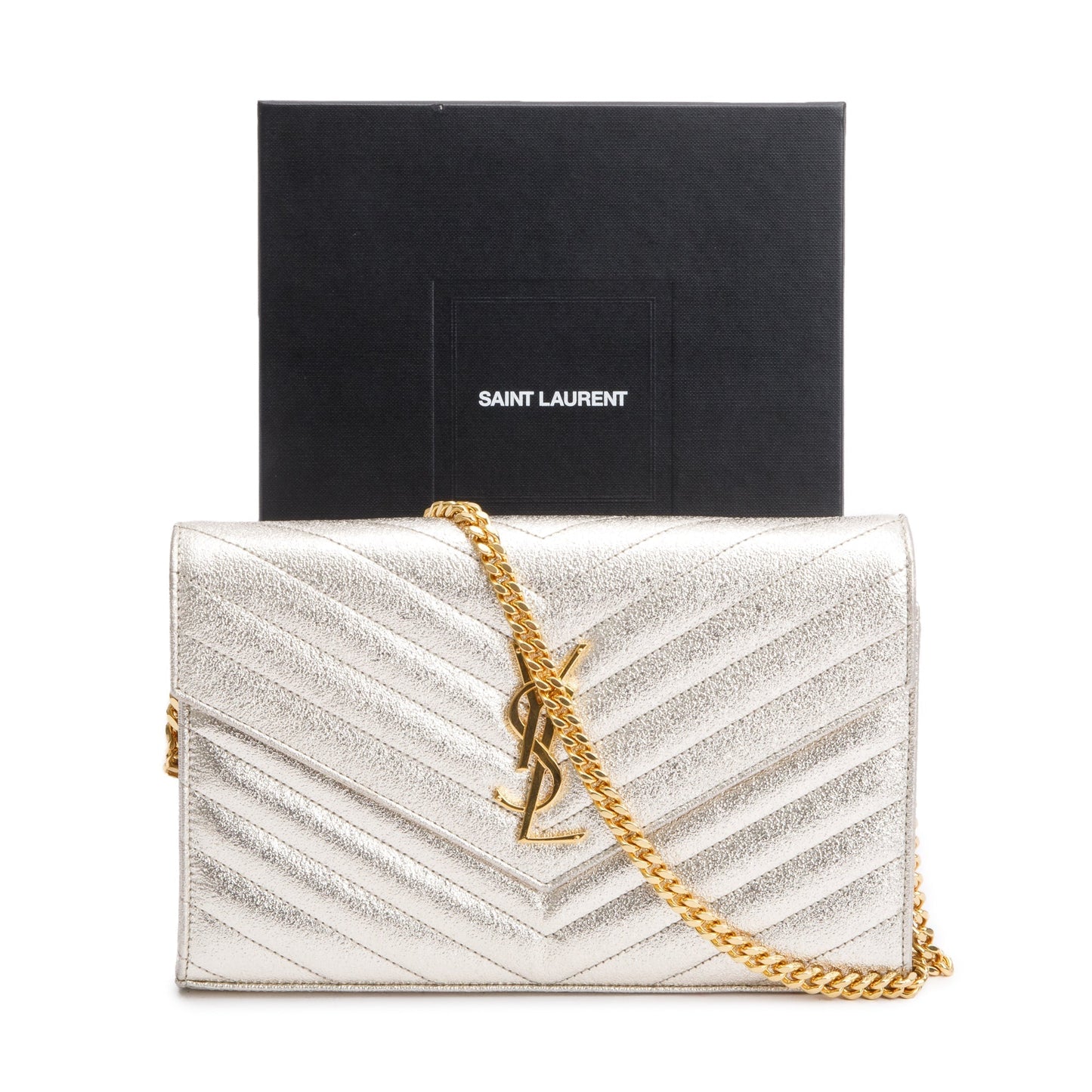 Saint Laurent Metallic Grain De Poudre Leather Cassandre Matelasse Chain Wallet