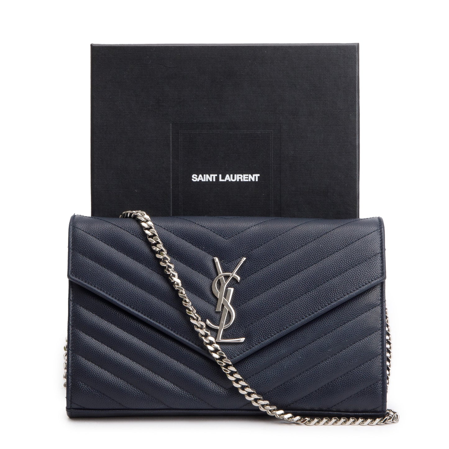Saint Laurent Navy Grain De Poudre Leather Cassandre Envelope Chain Wallet