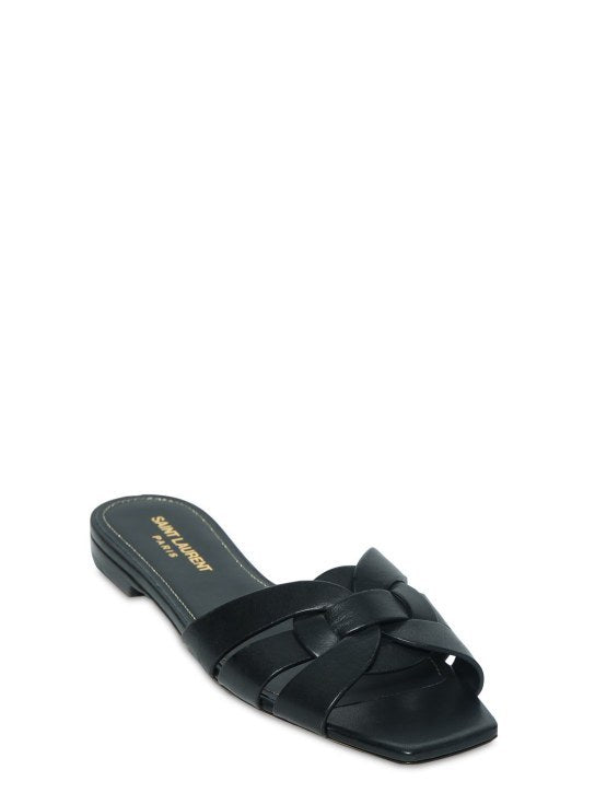 SAINT LAURENT PARIS SMOOTH LEATHER TRIBUTE SLIDE SANDALS