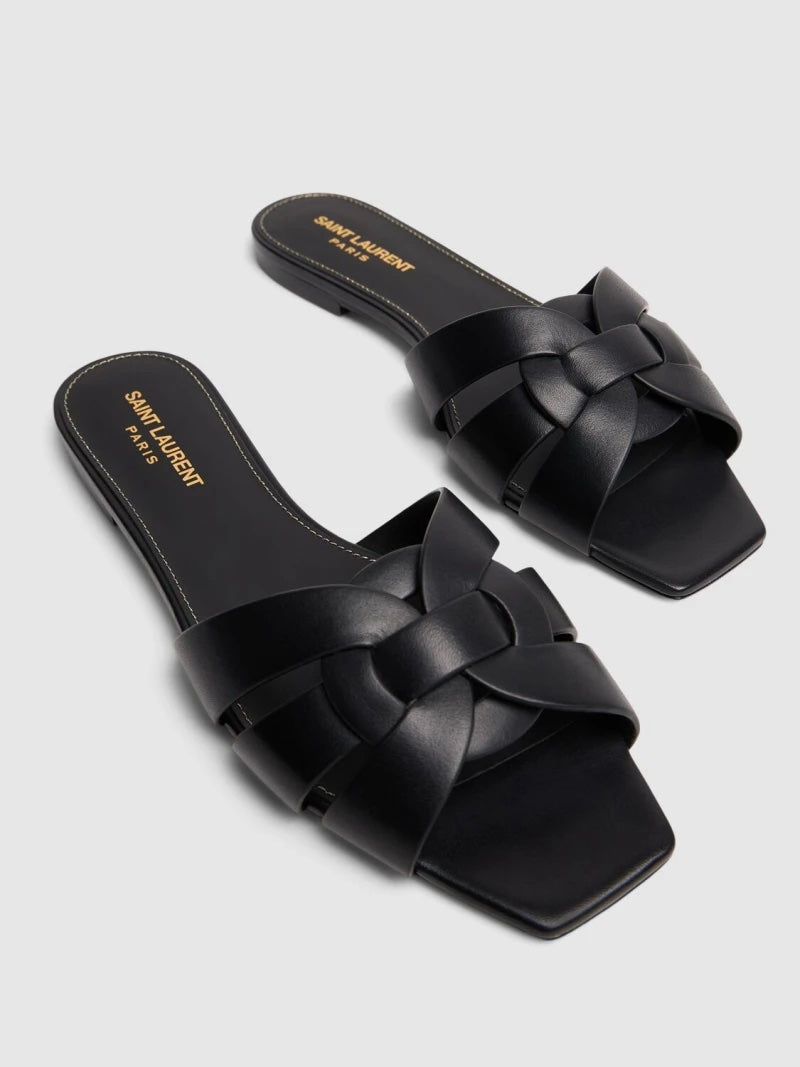SAINT LAURENT PARIS SMOOTH LEATHER TRIBUTE SLIDE SANDALS
