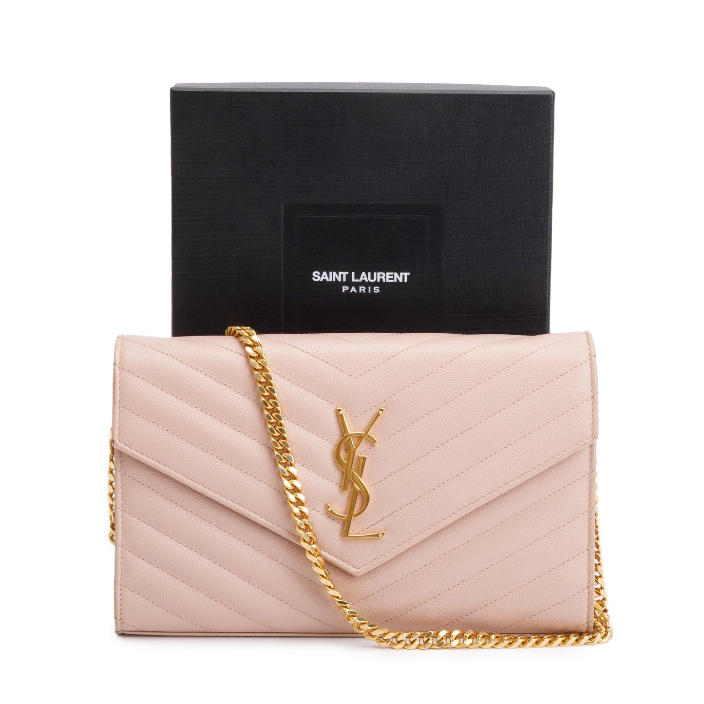Saint Laurent Pink Grain De Poudre Leather Cassandre Matelasse Chain Wallet