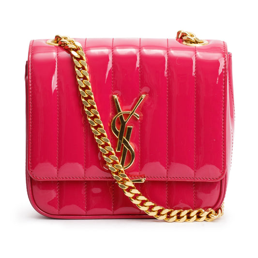 Saint Laurent Pink Patent Leather Small Monogram Vicky Chain Bag