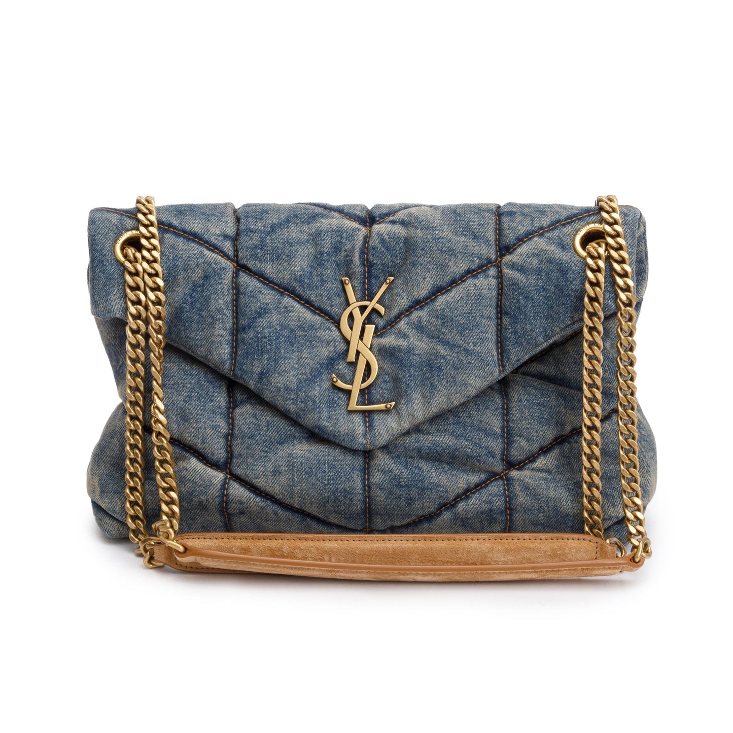 Saint Laurent Quilted Blue Denim Monogram Small Loulou Puffer Chain Satchel