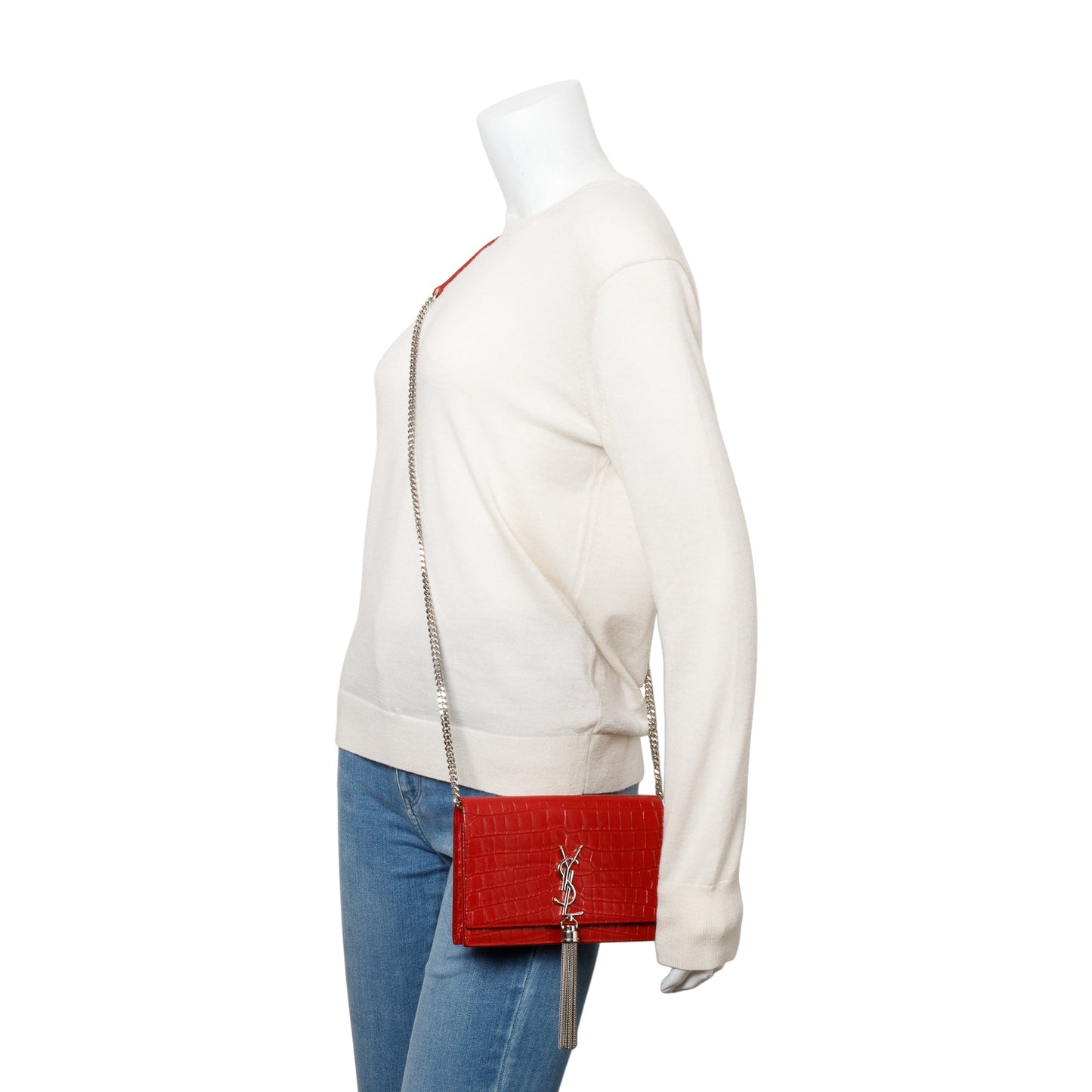 Saint Laurent Red Croc Embossed Leather Kate Tassel Wallet on Chain