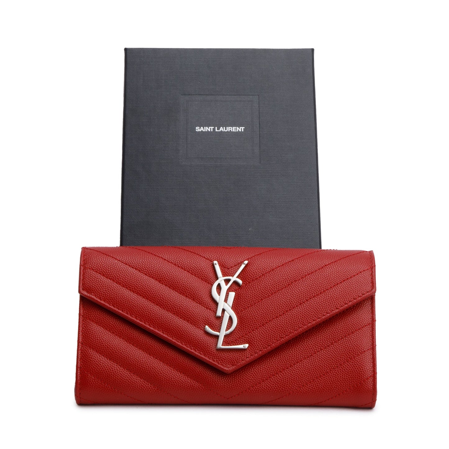 Saint Laurent Red Grain De Poudre Cassandre Matelasse Large Flap Wallet