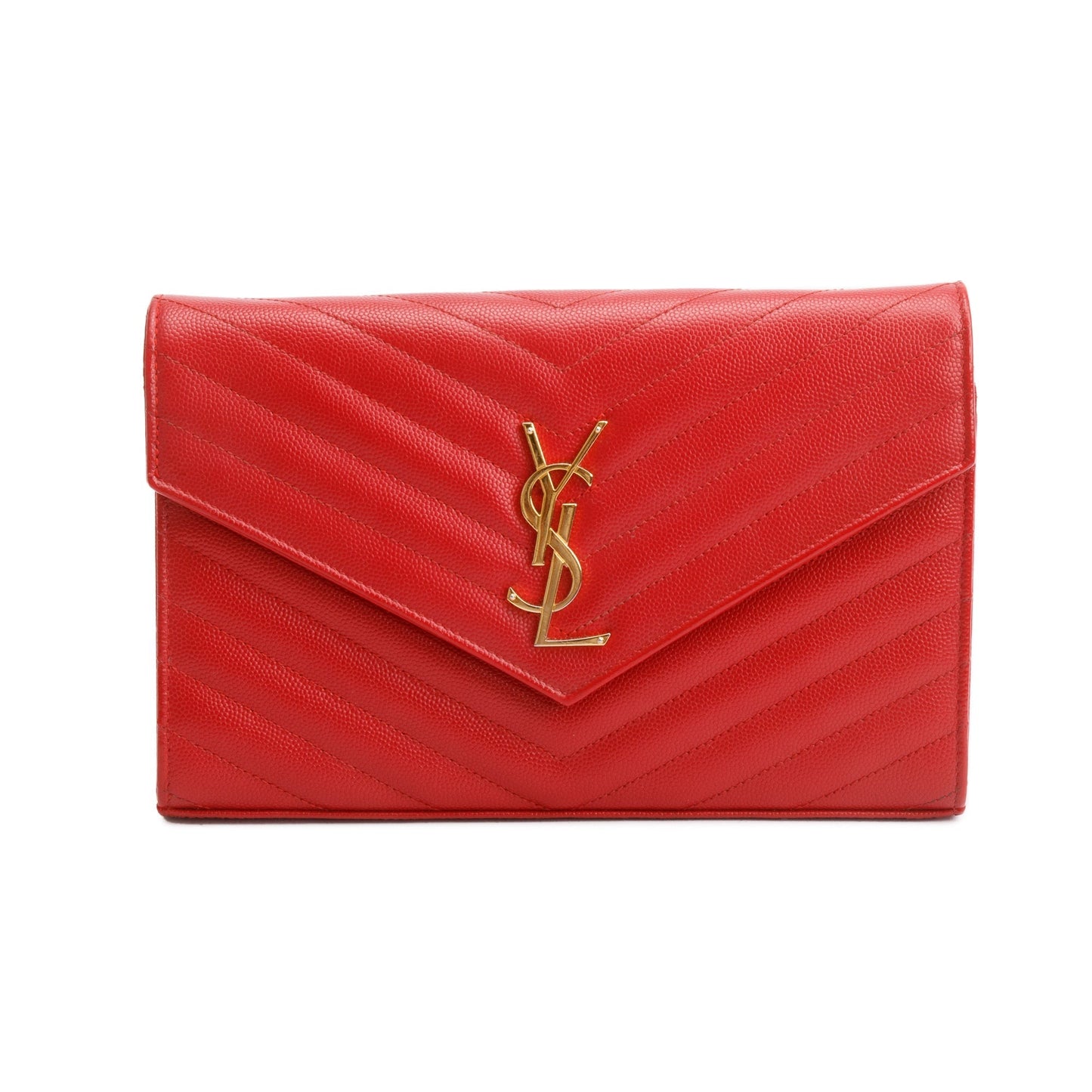 Saint Laurent Red Grain De Poudre Leather Cassandre Matelasse Chain Wallet