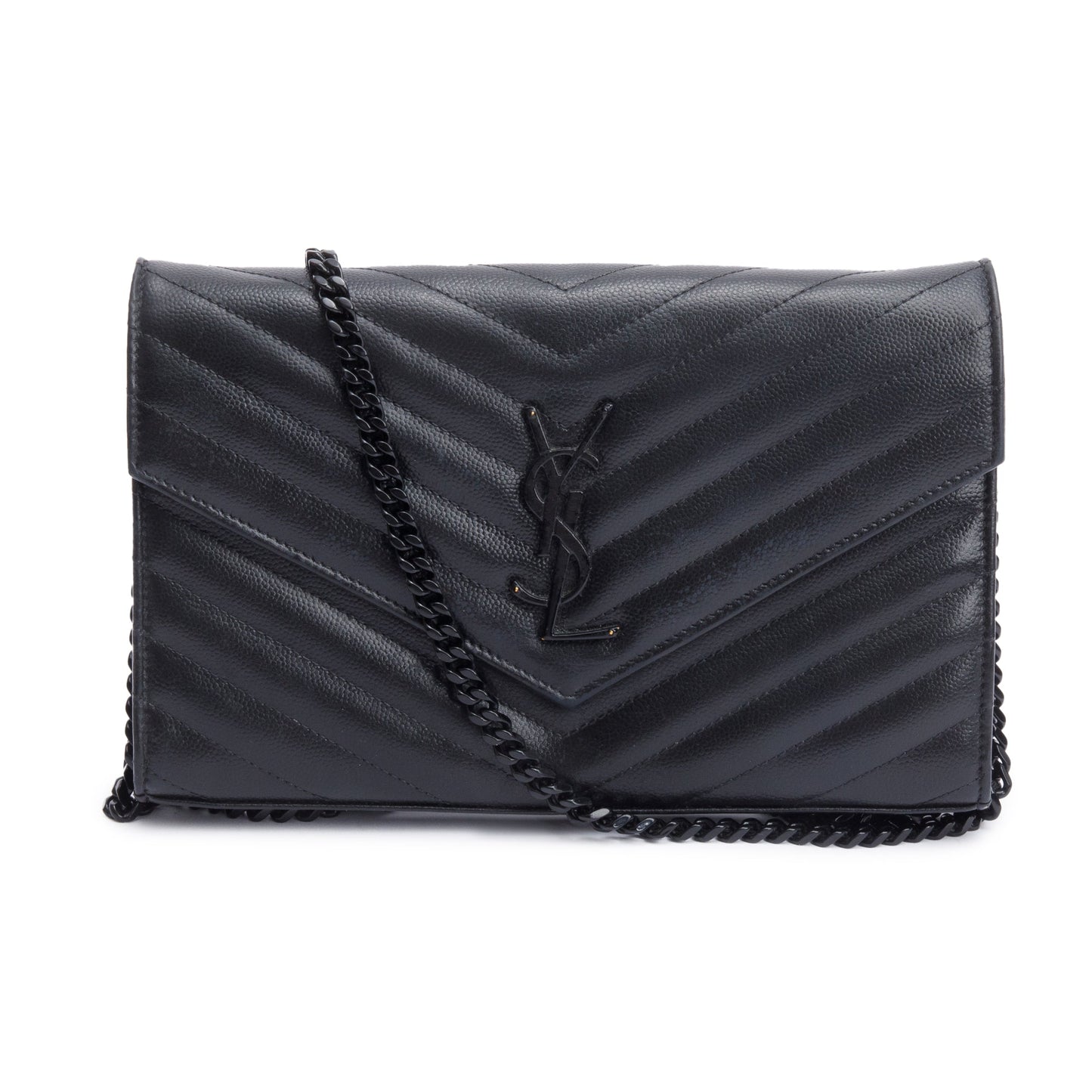 Saint Laurent So Black Grain De Poudre Leather Classic Cassandre Envelope Chain Wallet