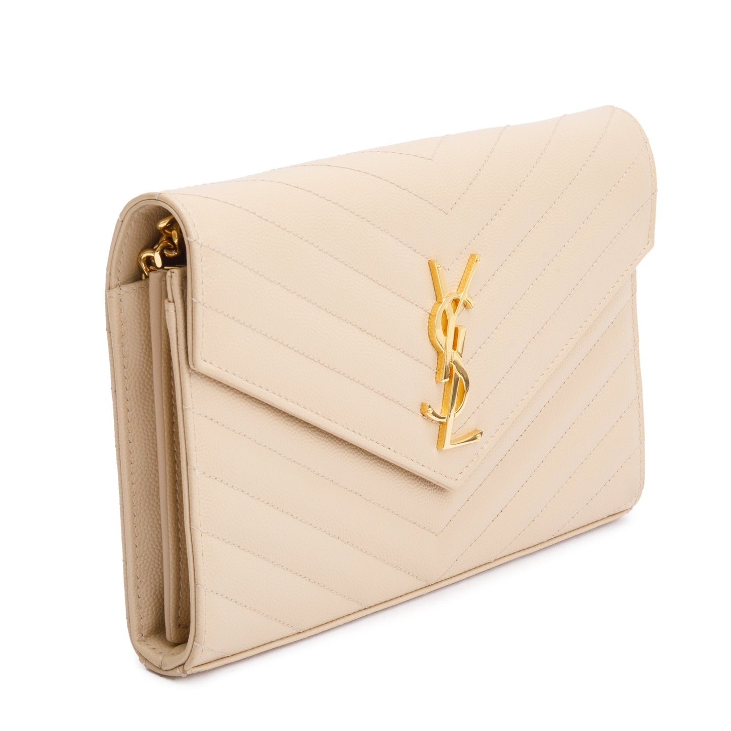 Saint Laurent White Grain De Poudre Leather Cassandre Matelasse Chain Wallet