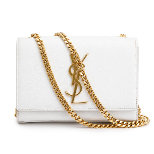 Saint Laurent White Grain De Poudre Leather Mini Monogram Kate Bag