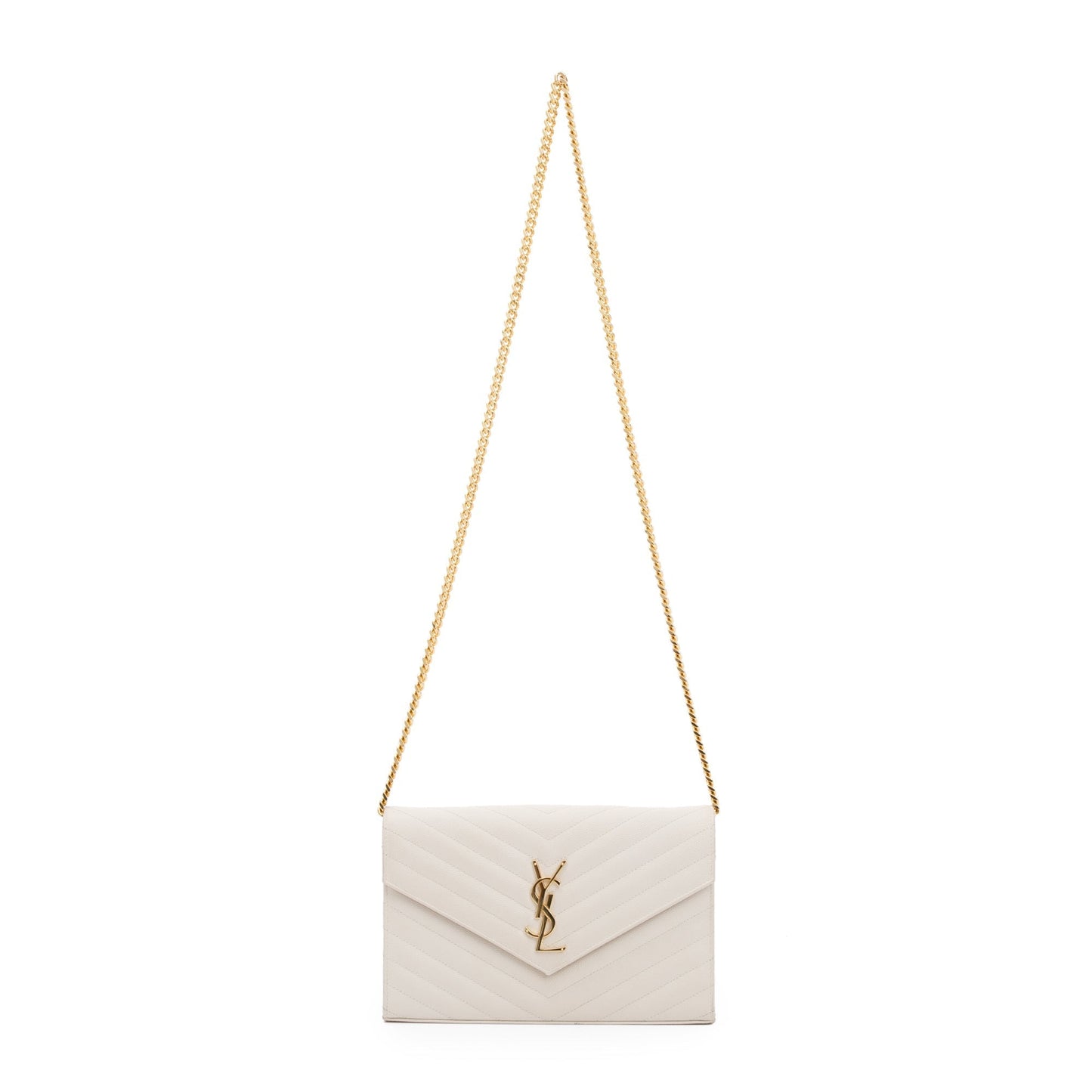 Saint Laurent White Grained de Poudre Cassandre Matelasse Chain Wallet