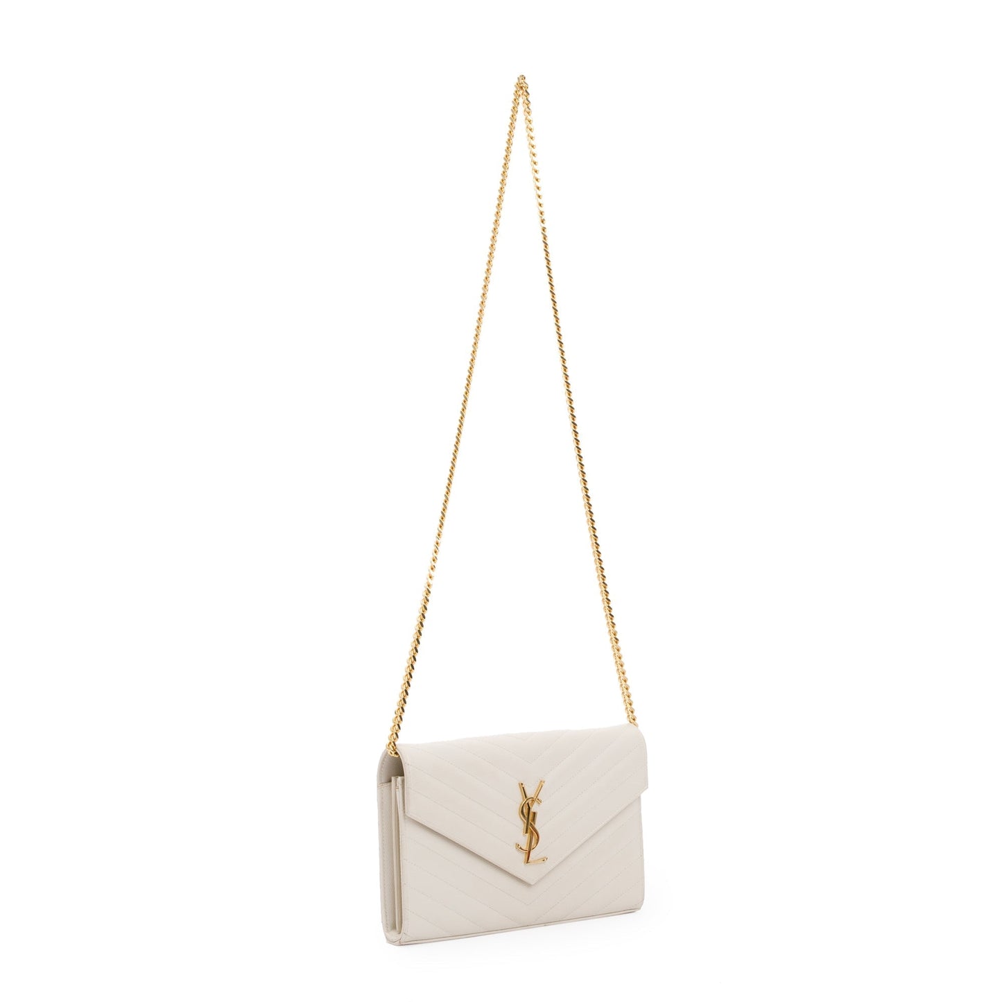 Saint Laurent White Grained de Poudre Cassandre Matelasse Chain Wallet