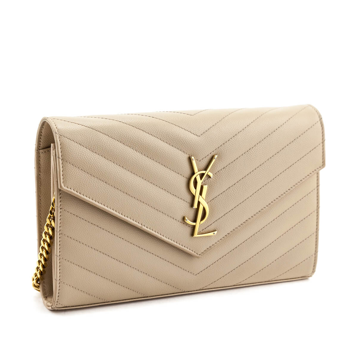 Luxury Saint Laurent Trending 2025 Beige Grain De Poudre Matelasse Chevron Monogram Chain Wallet