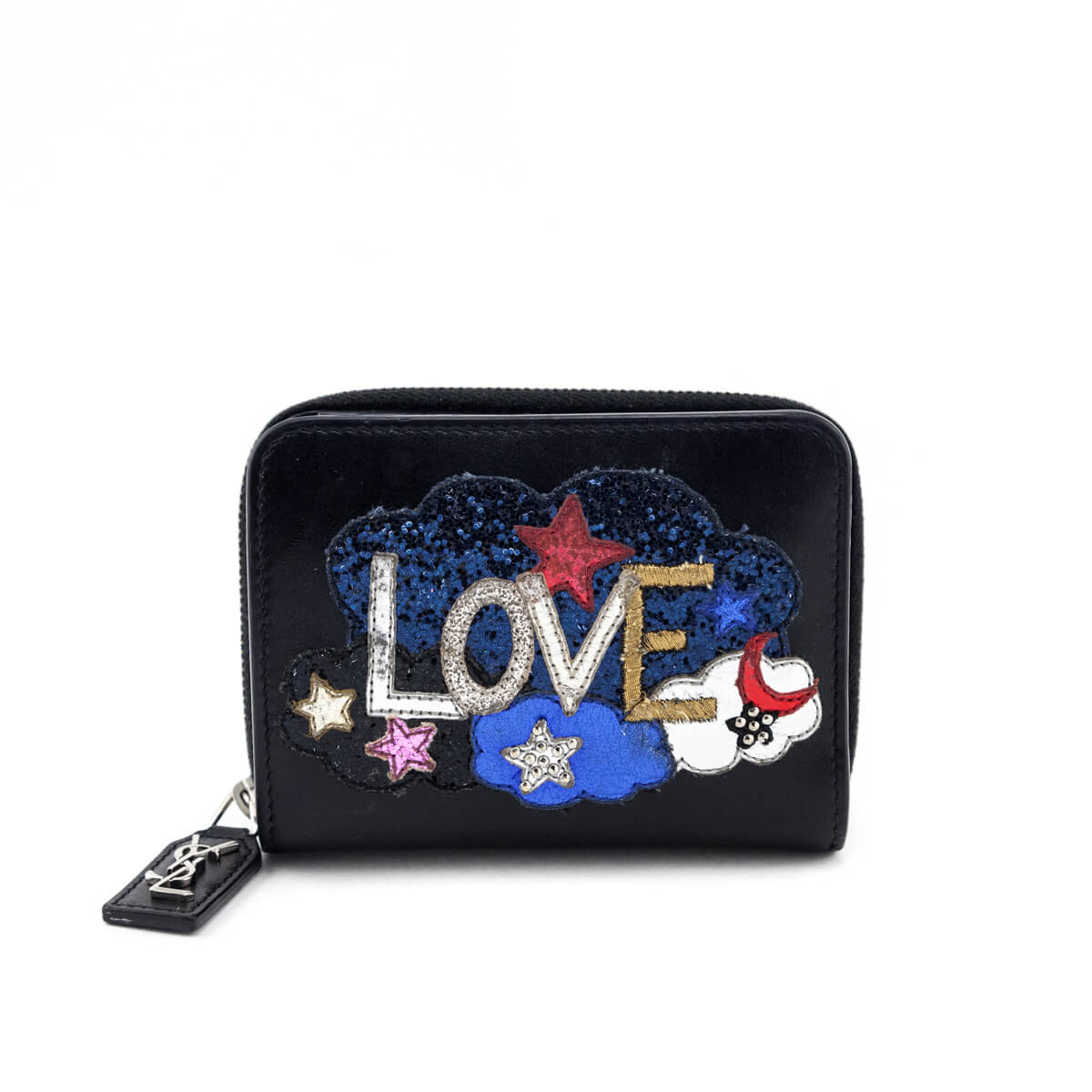 Luxury Saint Laurent Trending 2025 Black Calfskin Love Patch Zipped Compact Wallet