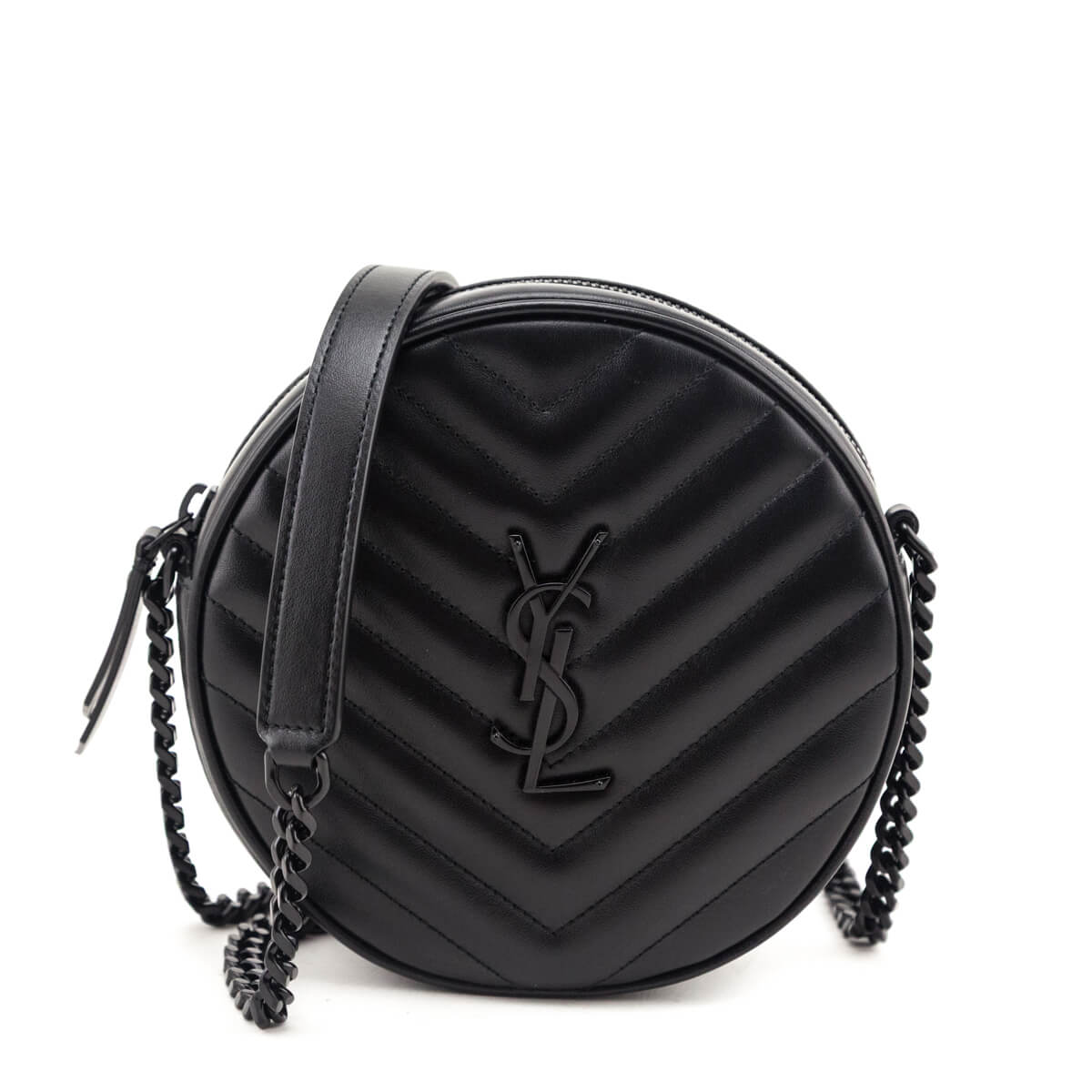 Saint Laurent Black Calfskin Matelasse Chevron Round Vinyle Camera Bag