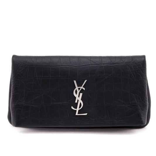 Luxury Saint Laurent Trending 2025 Black Crocodile-Embossed Calfskin Clutch