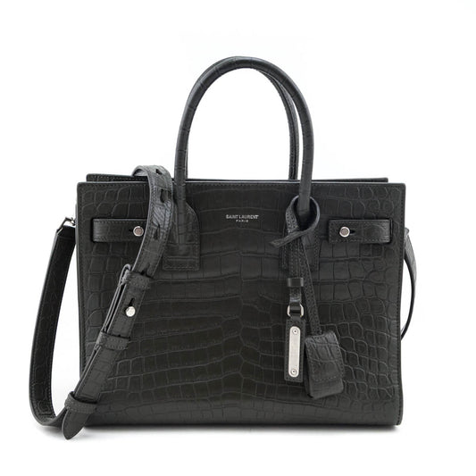Saint Laurent Dark Green Calfskin Crocodile Embossed Small Sac de Jour
