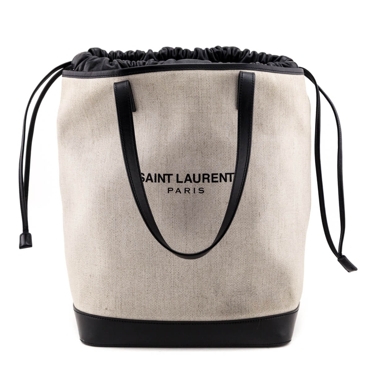 Saint Laurent Ivory Canvas & Black Calfskin Teddy Drawstring Shopping Tote