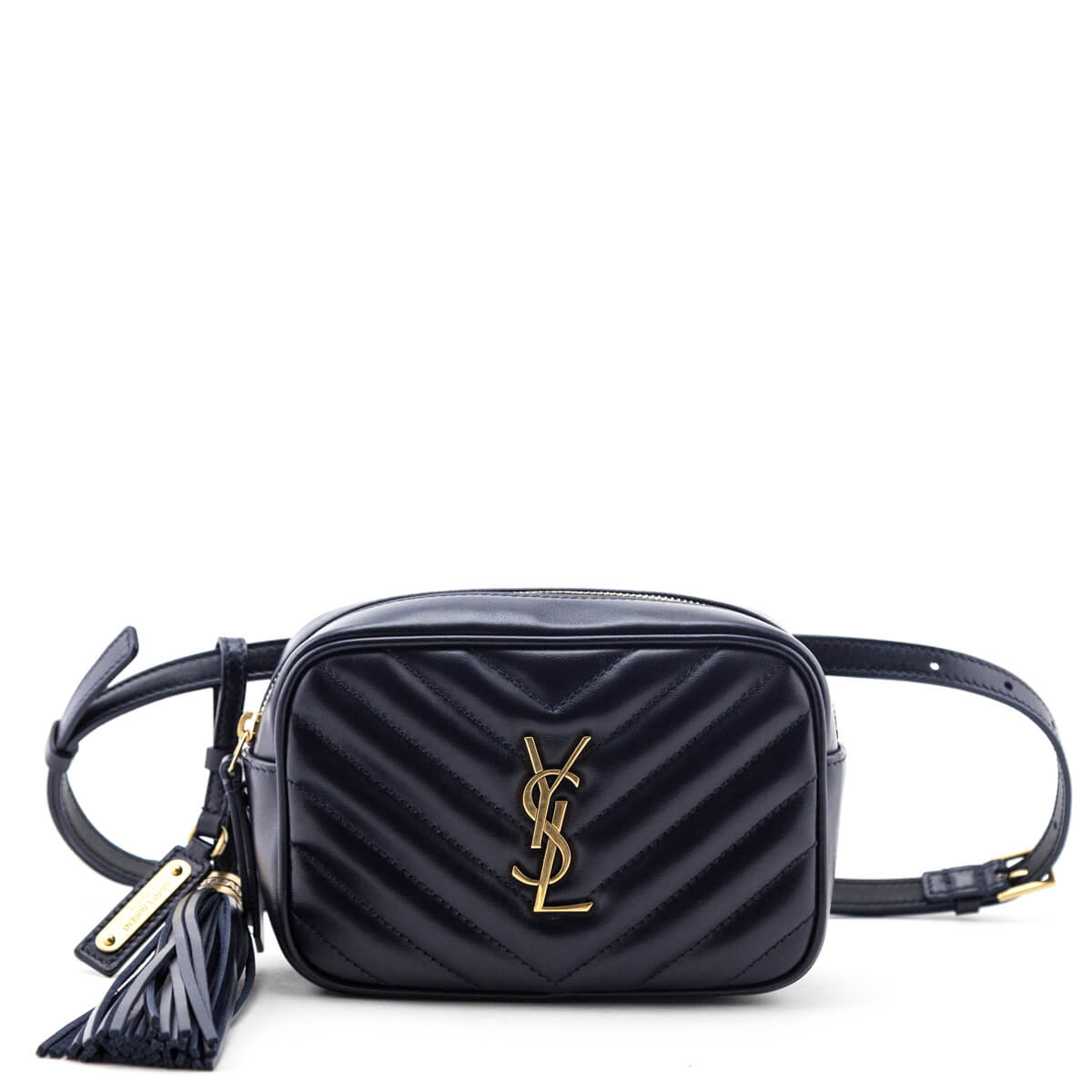 Luxury Saint Laurent Trending 2025 Navy Quilted Chevron Calfskin Lou Belt Bag