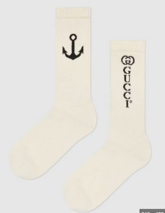 Gucci White Navy Logo Anchor Ribbed Stretch Cotton Sock