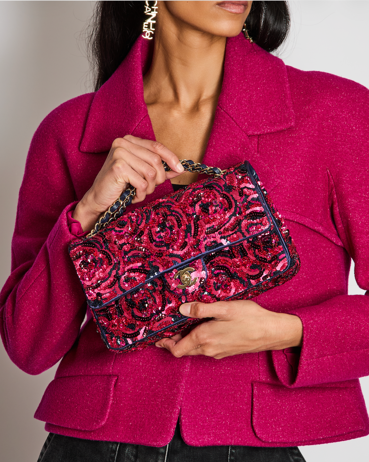 Chanel 21F/W Pink and Burgundy Sequin Embroidered Classic Medium Double Flap in Satin with Champagne Hardware