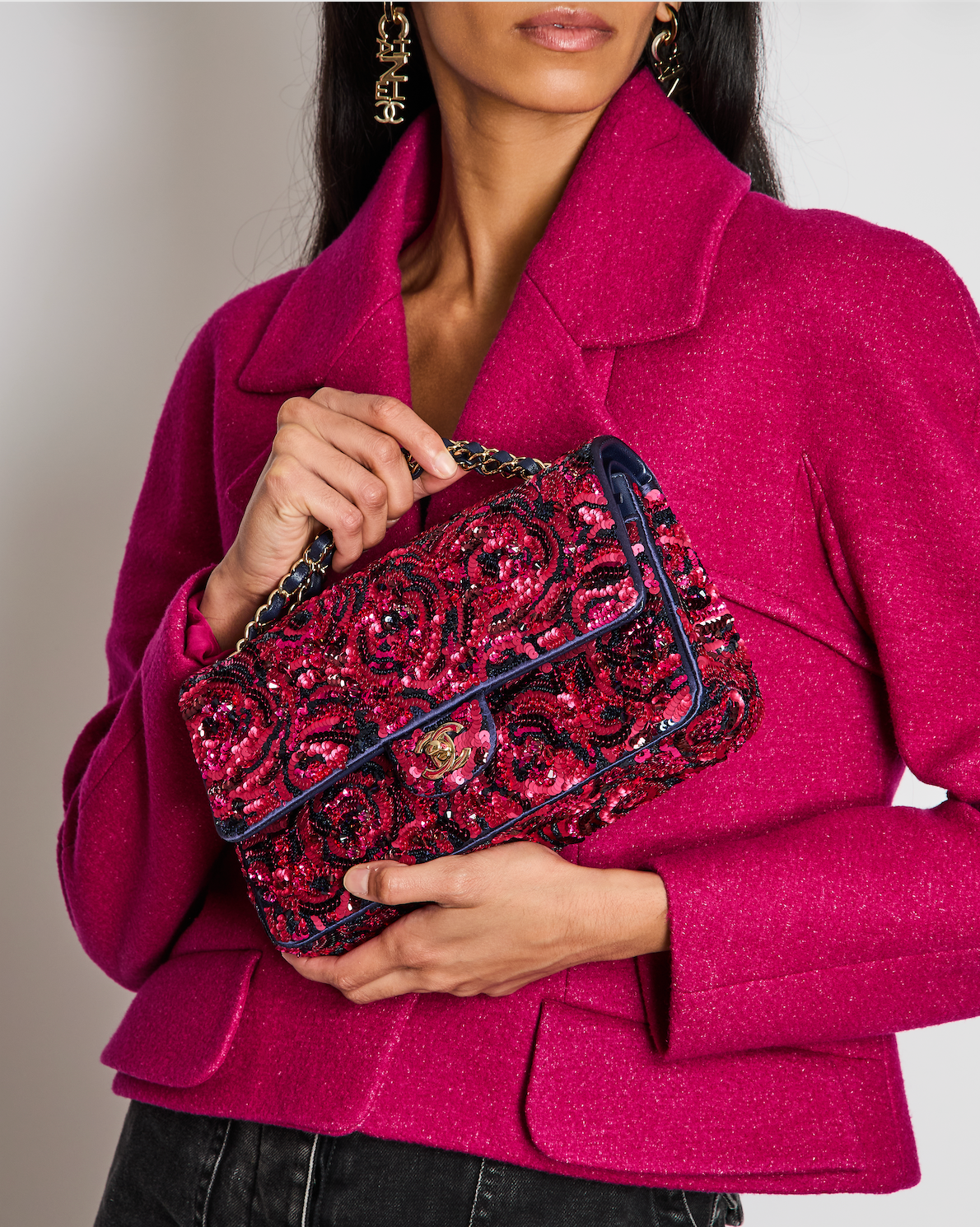 Chanel 21F/W Pink and Burgundy Sequin Embroidered Classic Medium Double Flap in Satin with Champagne Hardware