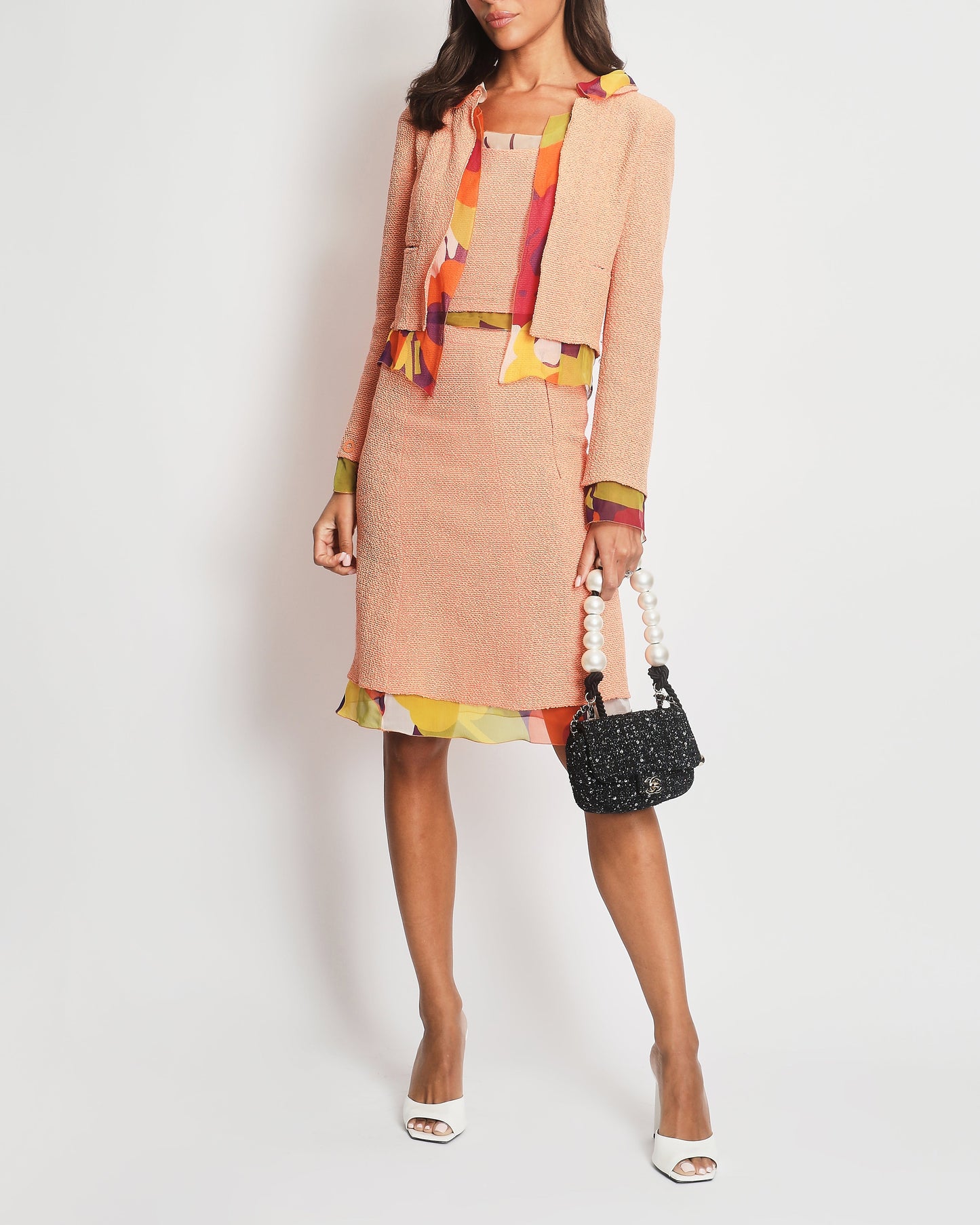 *FIRE PRICE* Chanel Peach Three Piece Set with Multicoloured Silk Trim and Shoulder Pad Detailing FR 38 (UK 10) Shoulder Bag