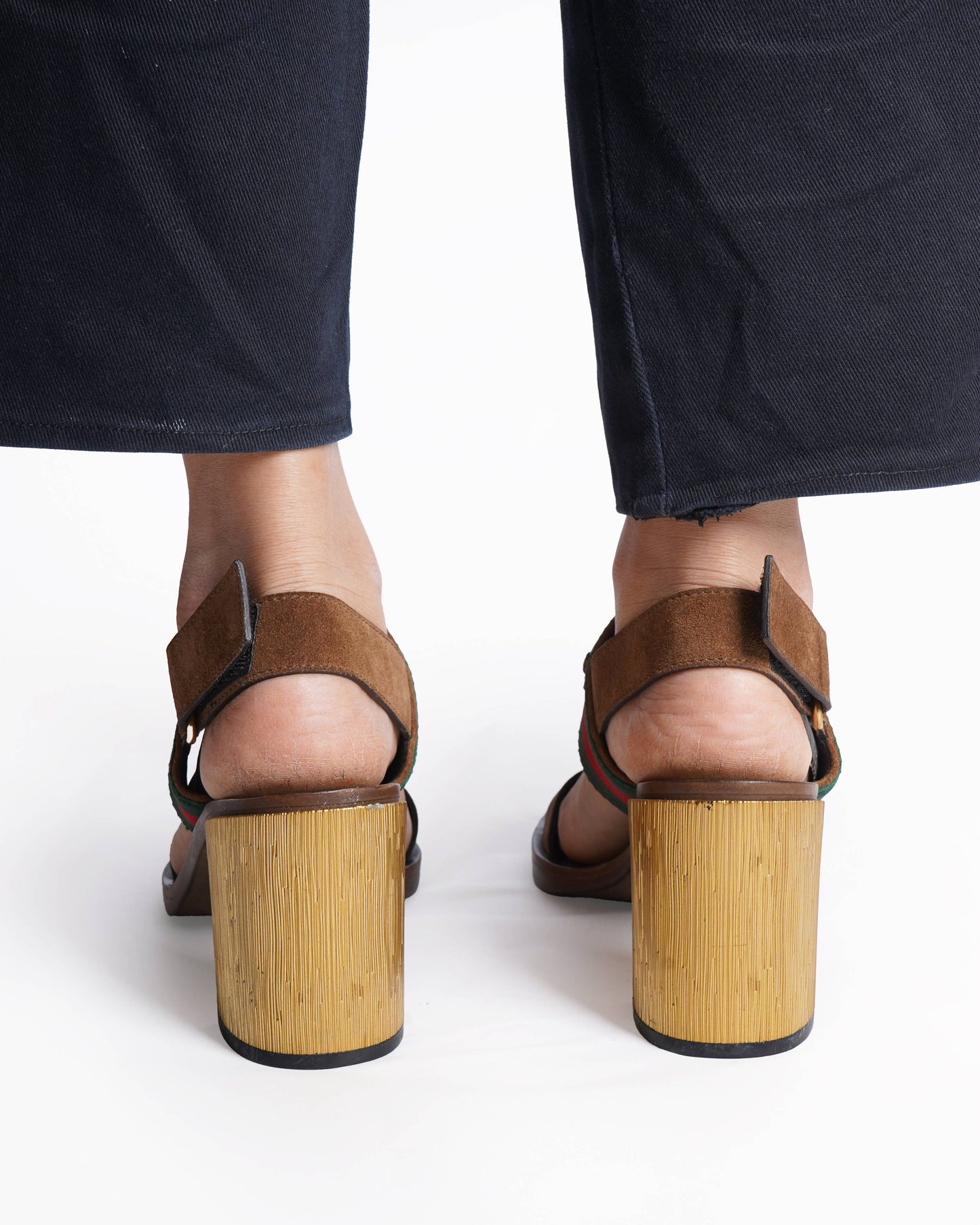 Gucci  Brown Suede Web Horsebit Slingback Block Heel Sandals