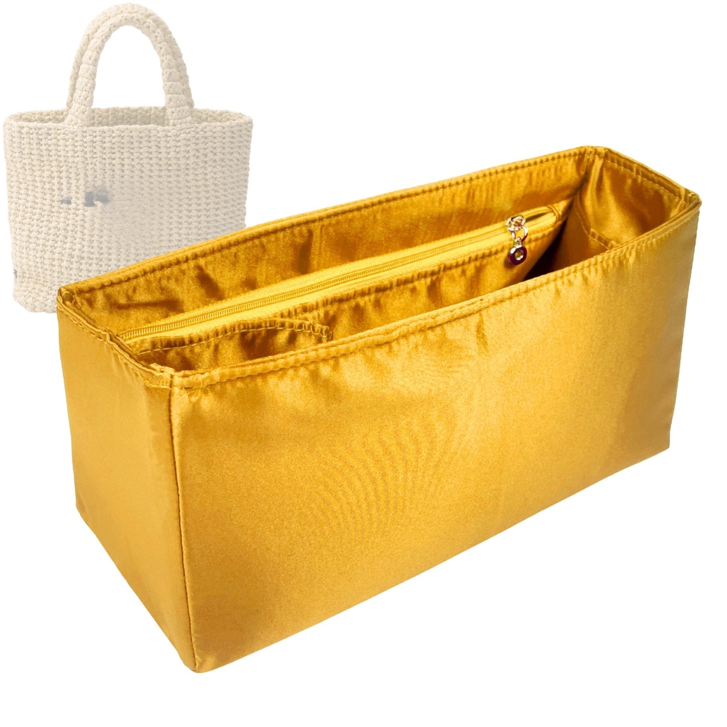Organizer for [Crochet tote bag, Prada] Bag Insert (Silk, Long Zip and Open Compartment)