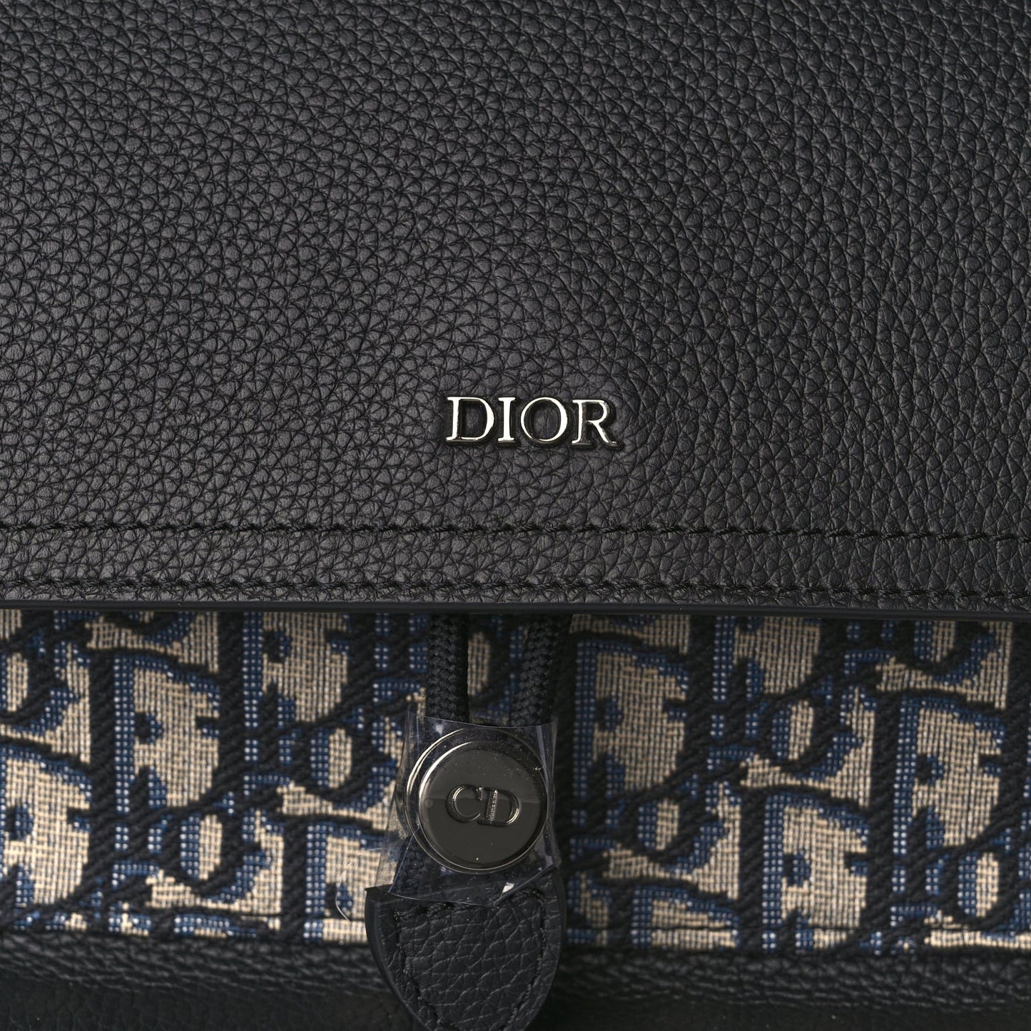 Christian Dior Oblique Jacquard Grained Calfskin Drawstring Saddle Backpack Beige Black