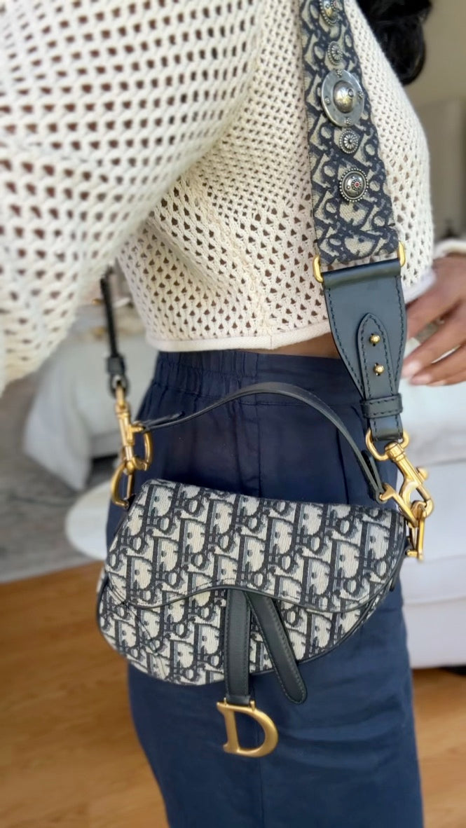 Christian Dior Mini Oblique Dior Saddle Bag & Studded Canvas Strap Bundle