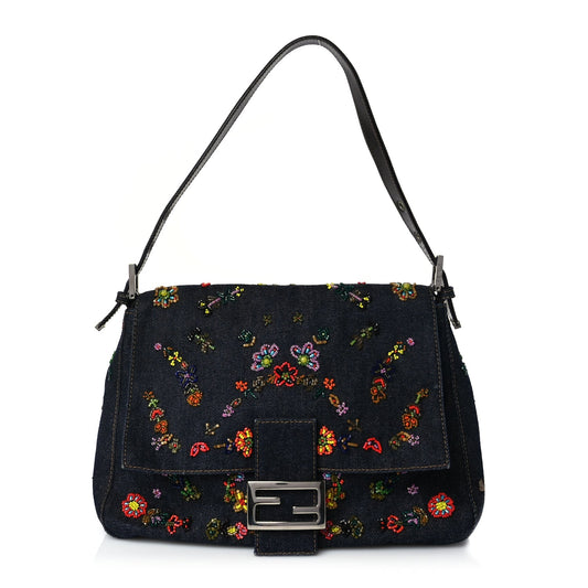 Fendi Denim Beaded Mama Baguette Blue