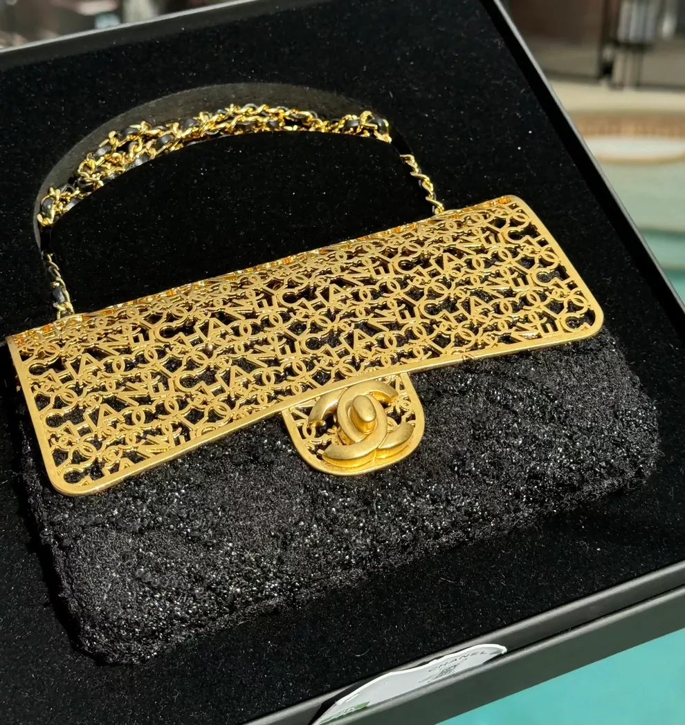 Chanel 2022 Mini Tweed Evening Flap Bag Black Gold CC Logo