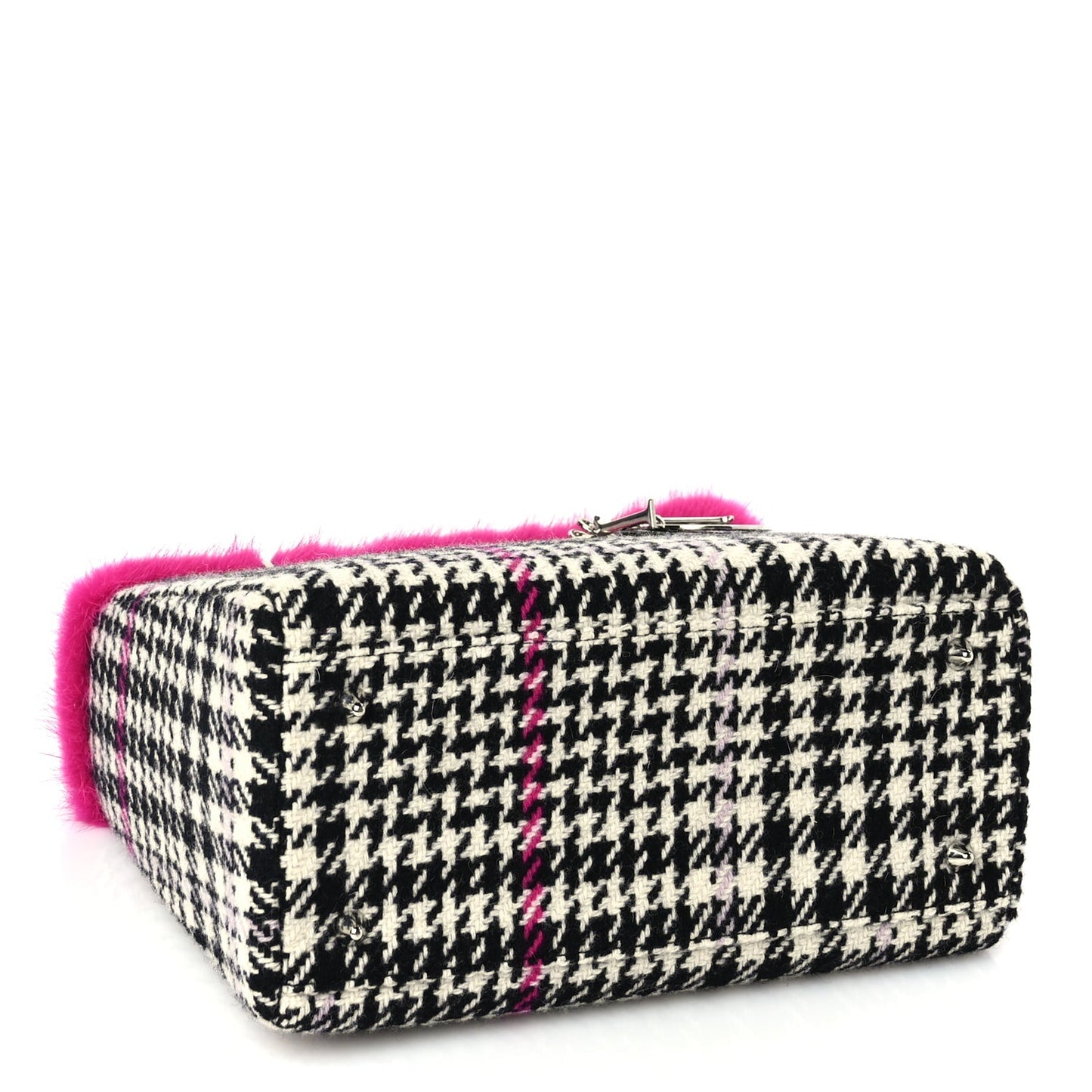 Christian Dior Tweed Crocodile Mink Plaid Medium Lady Dior Black Pink White