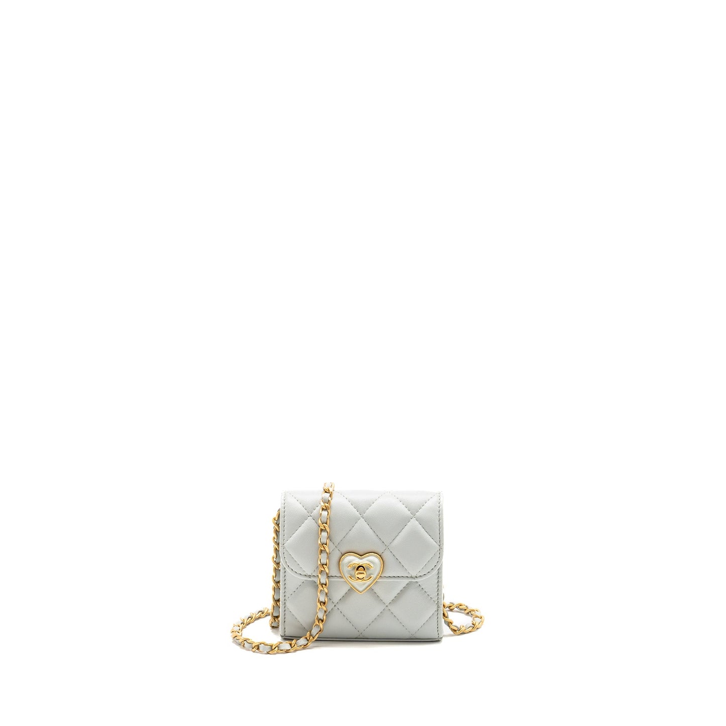 CHANEL CC Enamel Heart Mini Flap Clutch With Chain Lambskin Light Grey