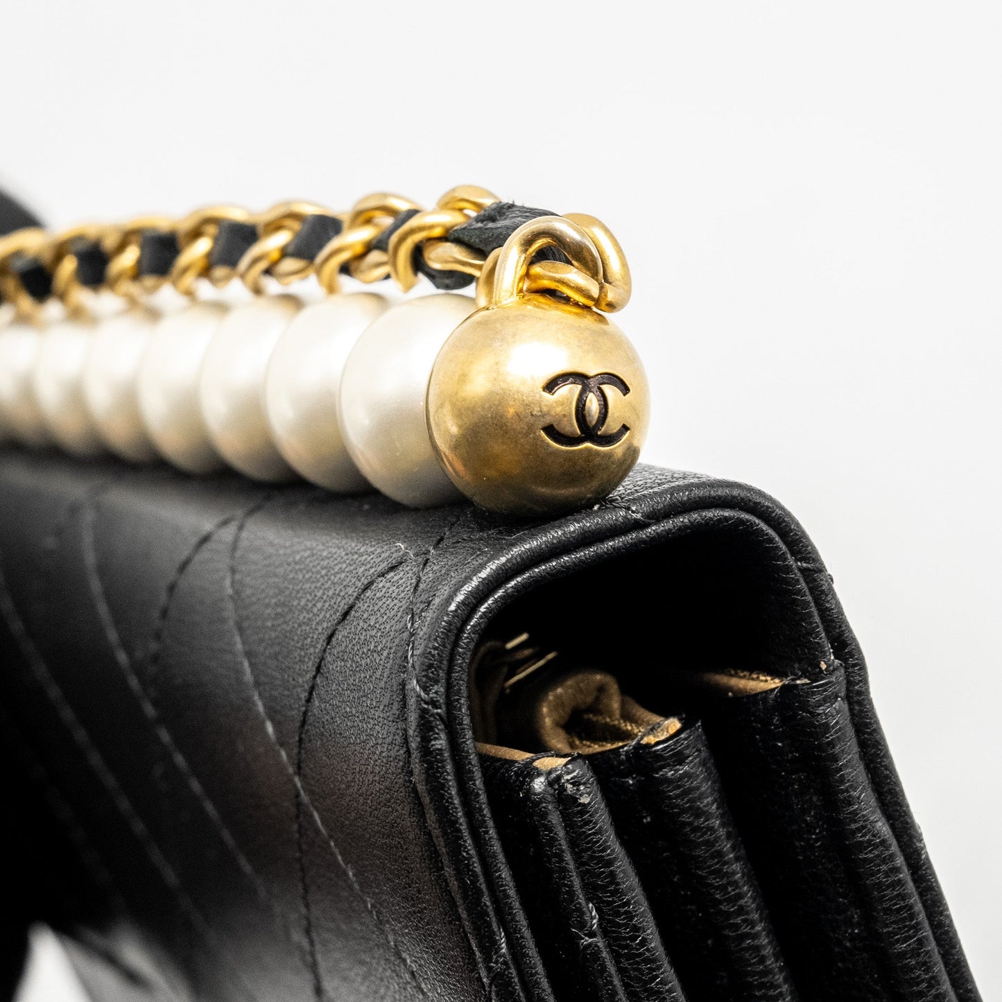 Chanel Quilted Pearl Long Wallet on Chain Goatskin Black