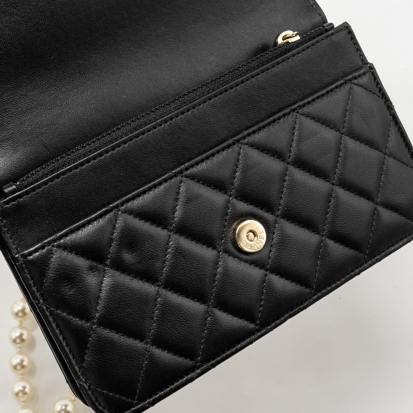 Chanel Wallet On Chain with Pearl Chain Lambskin Black L (Microchip)