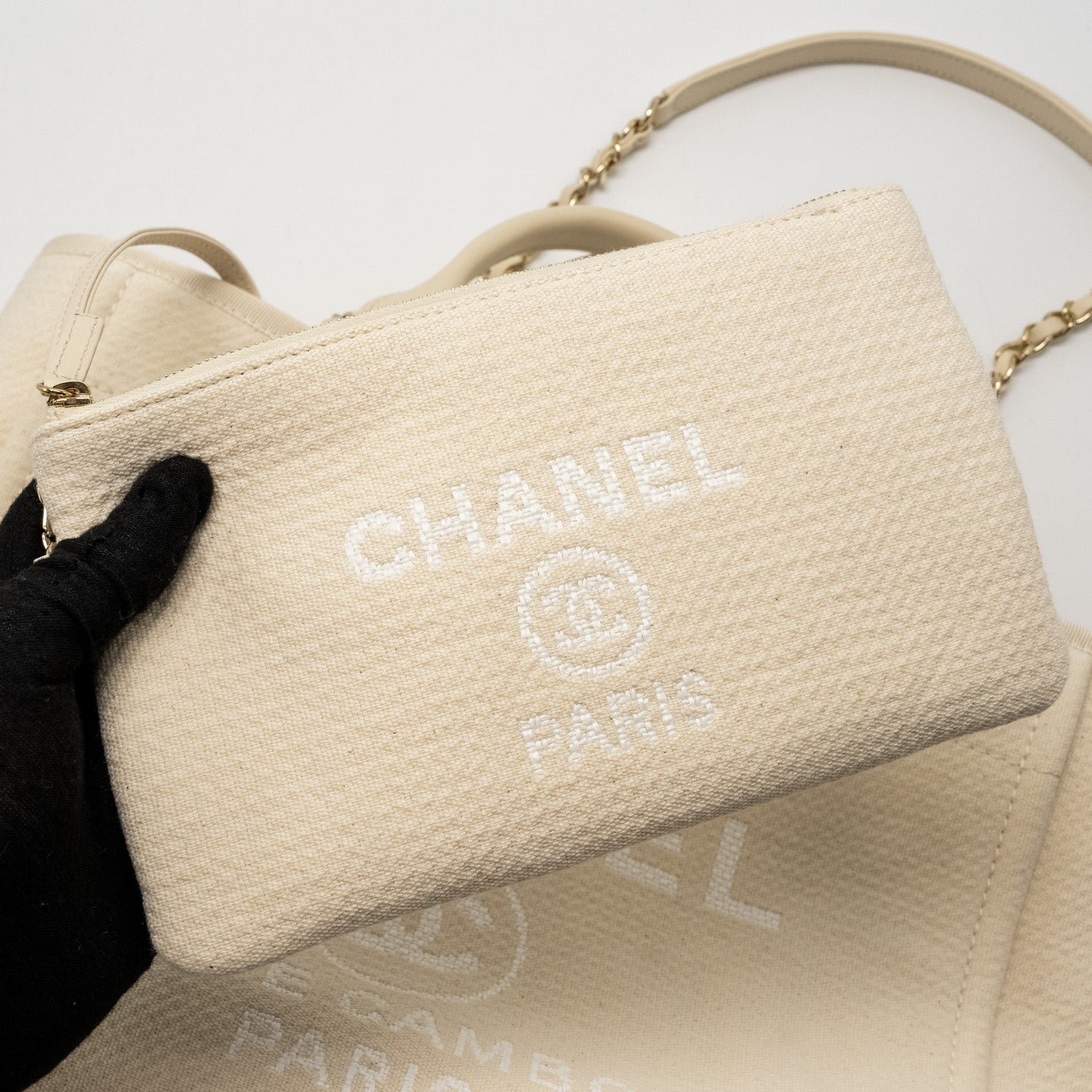 Chanel Small Deauville Shopping Tote Bag Calfskin/Fabric Light Beige L (microchip)