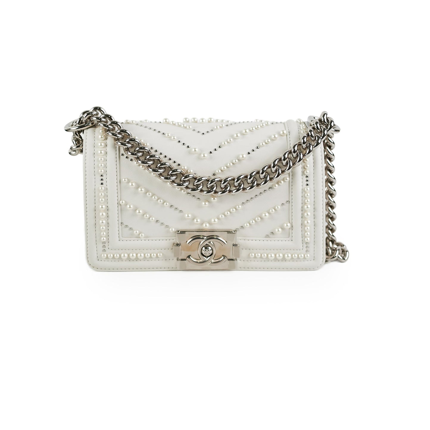 Chanel Small Boy White with Pearls Bag