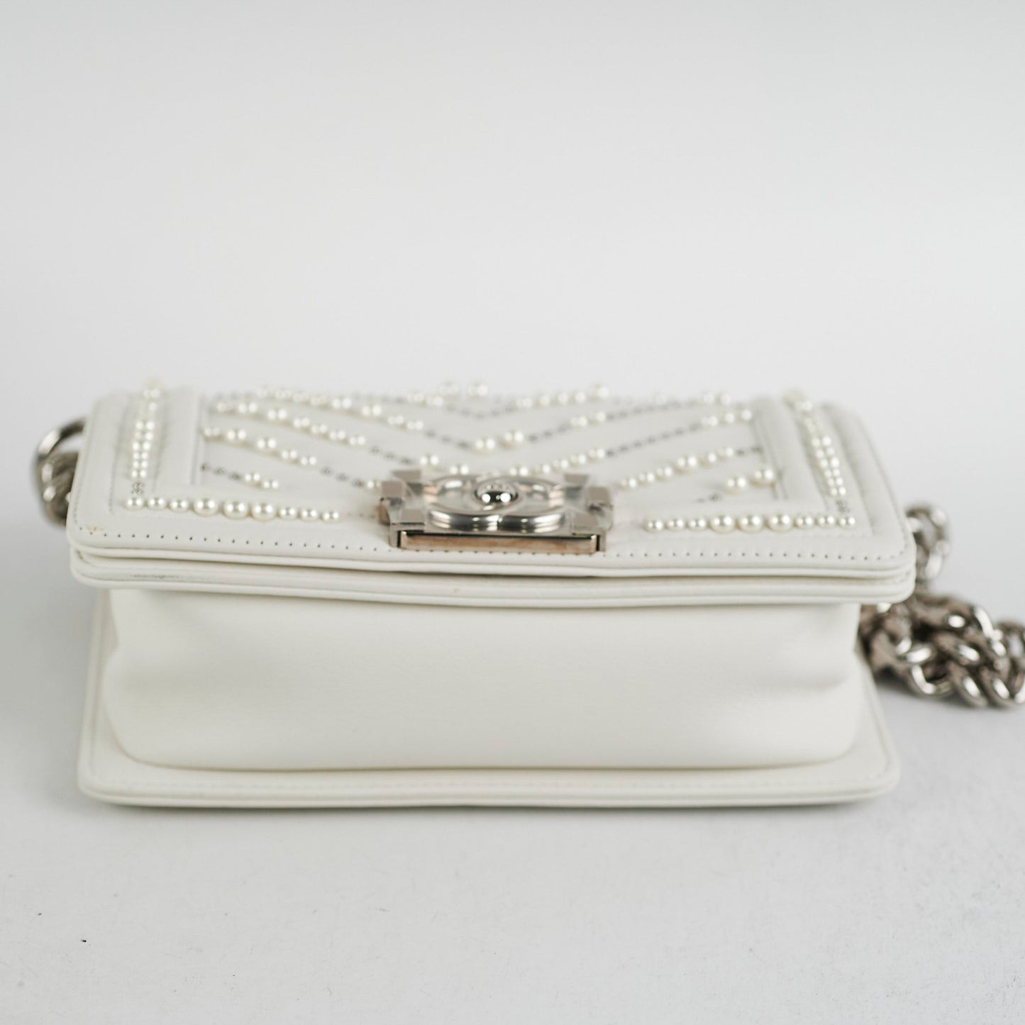 Chanel Small Boy White with Pearls Bag