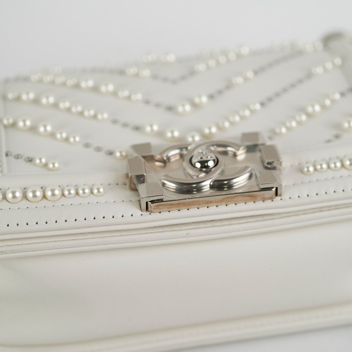 Chanel Small Boy White with Pearls Bag