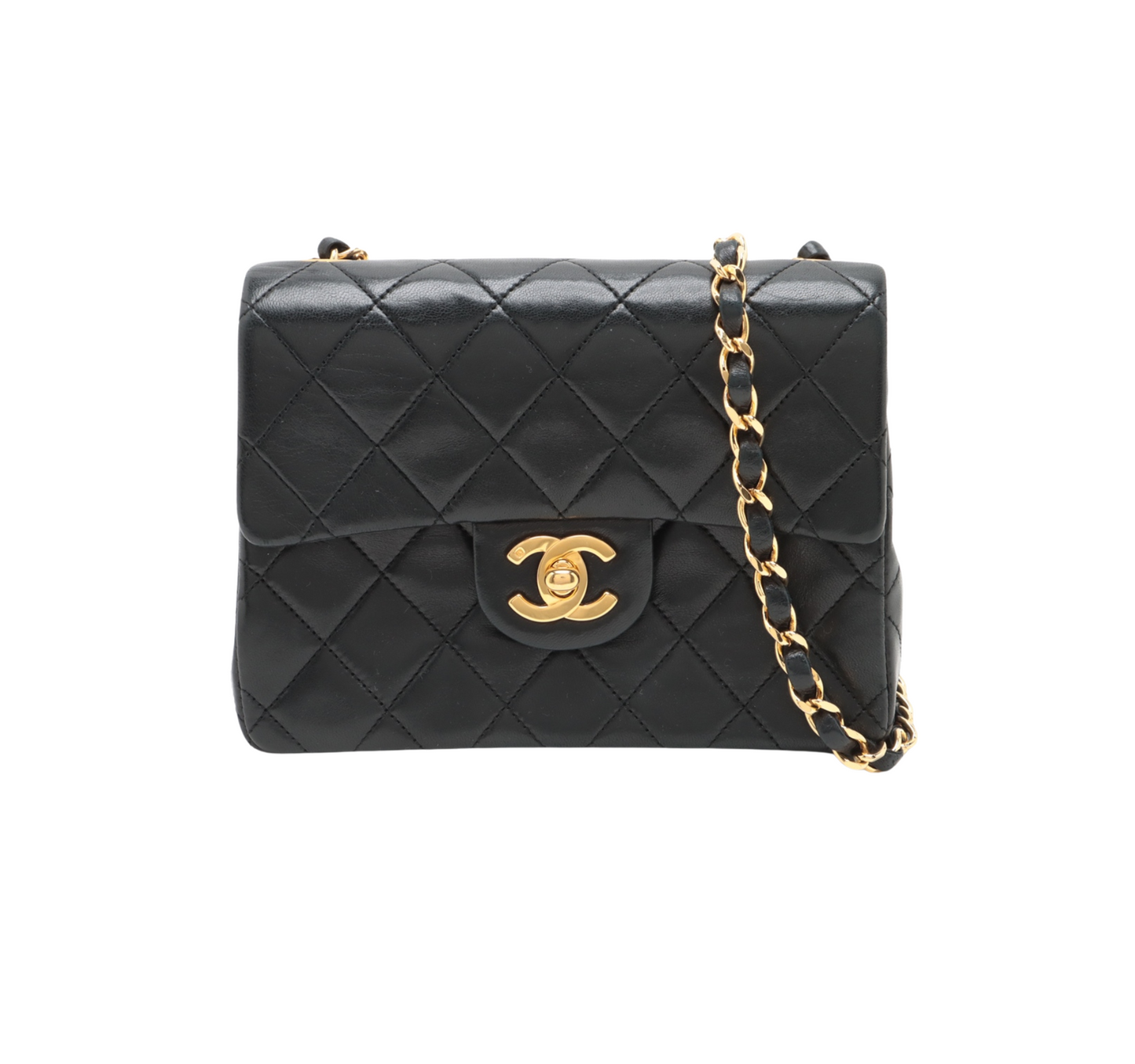 Chanel Mini  Square Single Flap Lambskin 24k Gold Black Bag