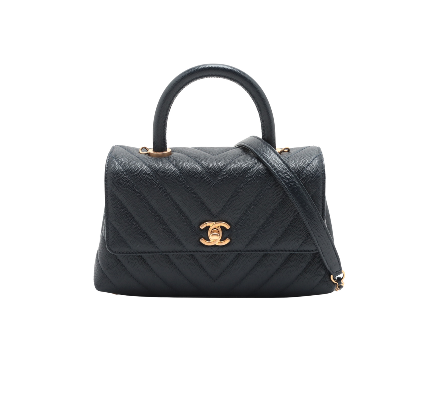 Chanel Small Chevron Coco Handle Caviar Navy