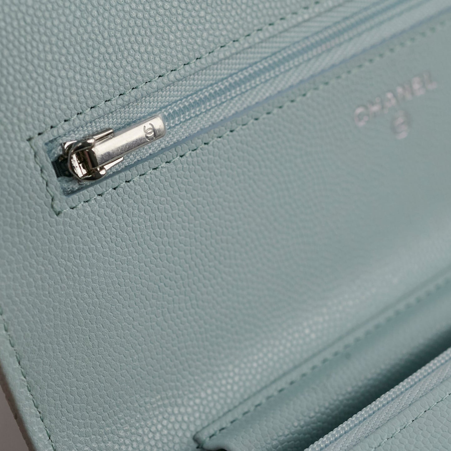 Chanel Caviar Wallet On Chain WOC Light Blue - Microchip