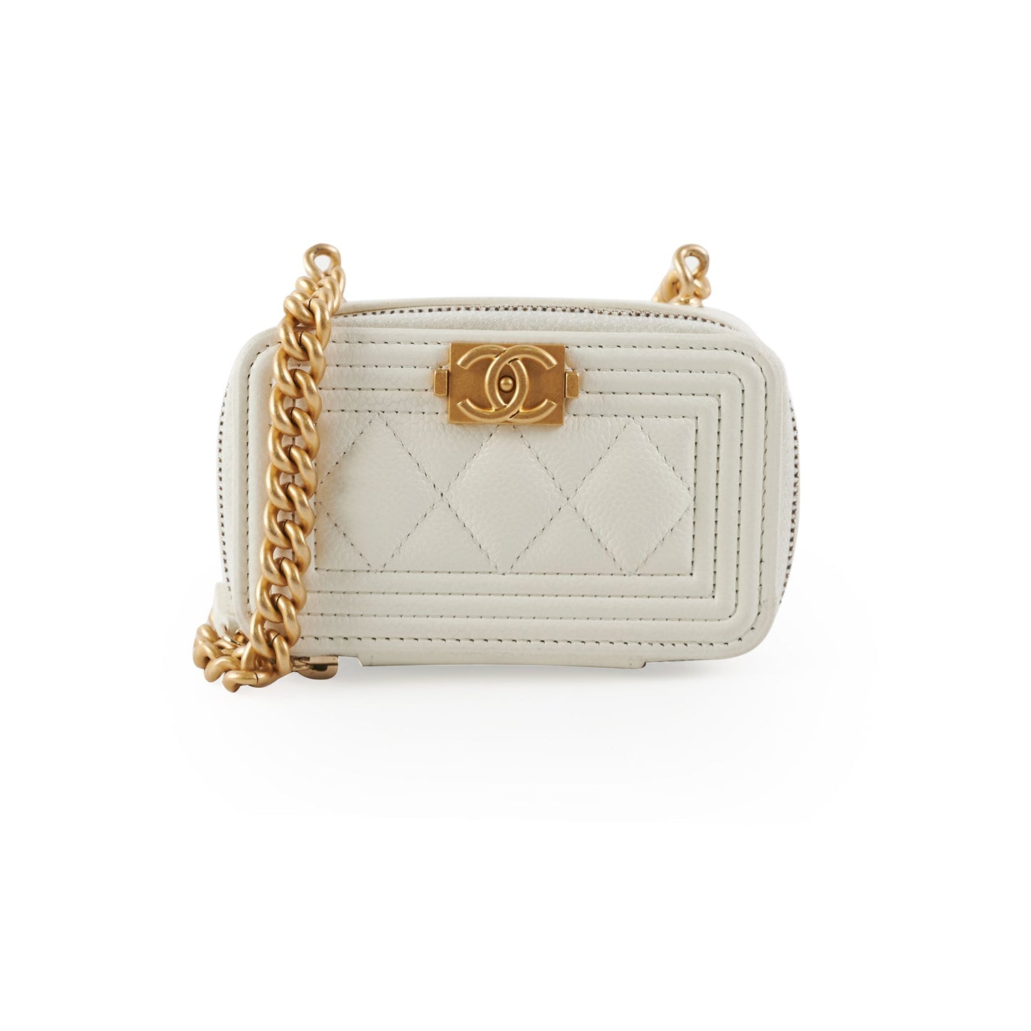 Chanel Caviar Micro Boy Card holder on Chain White