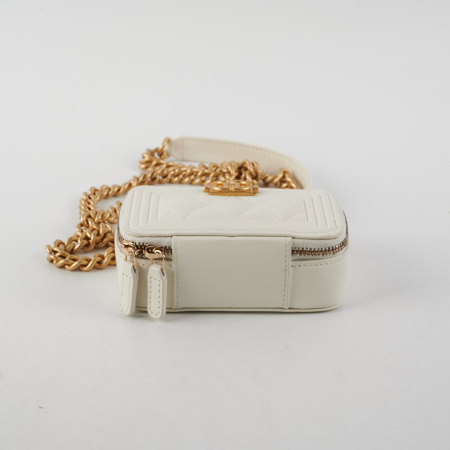 Chanel Caviar Micro Boy Card holder on Chain White