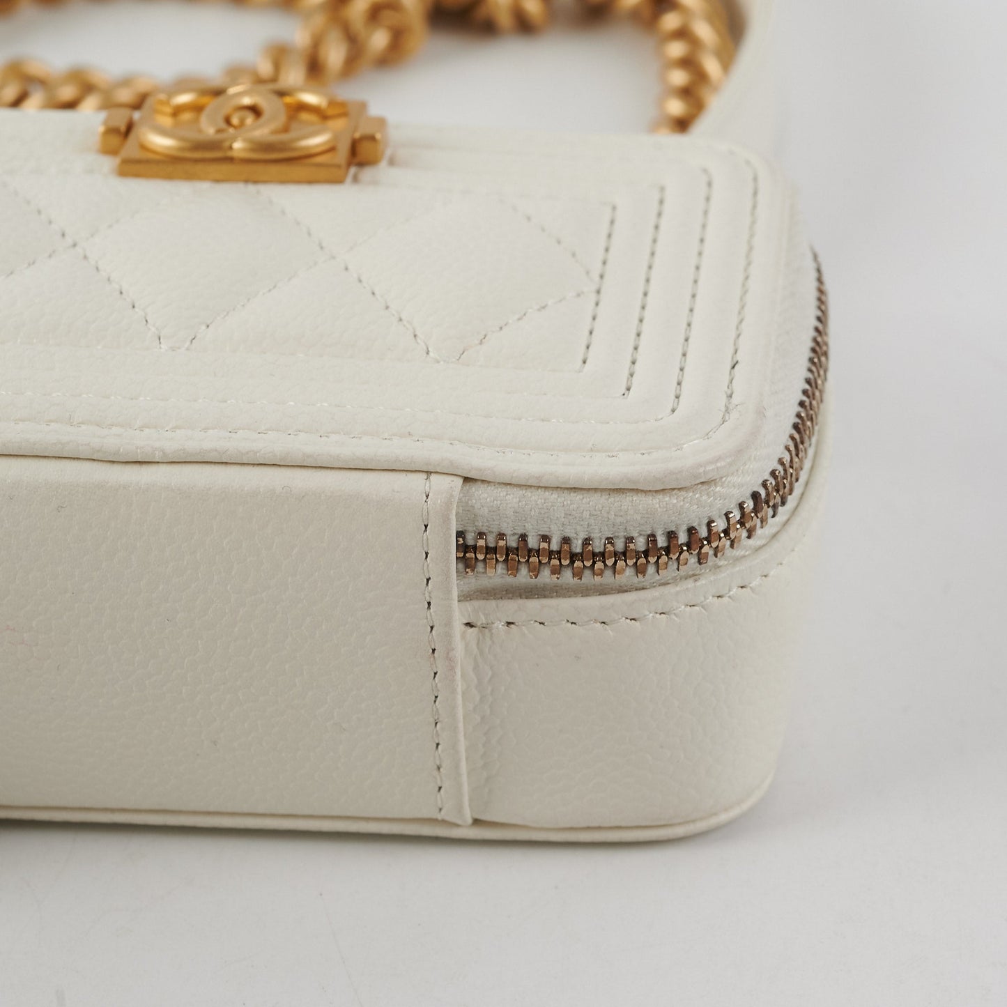 Chanel Caviar Micro Boy Card holder on Chain White